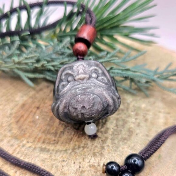 Nature Silver Obsidian Cat Eye Flash Daruma Doll Pendant Necklace - Picture 9 of 10